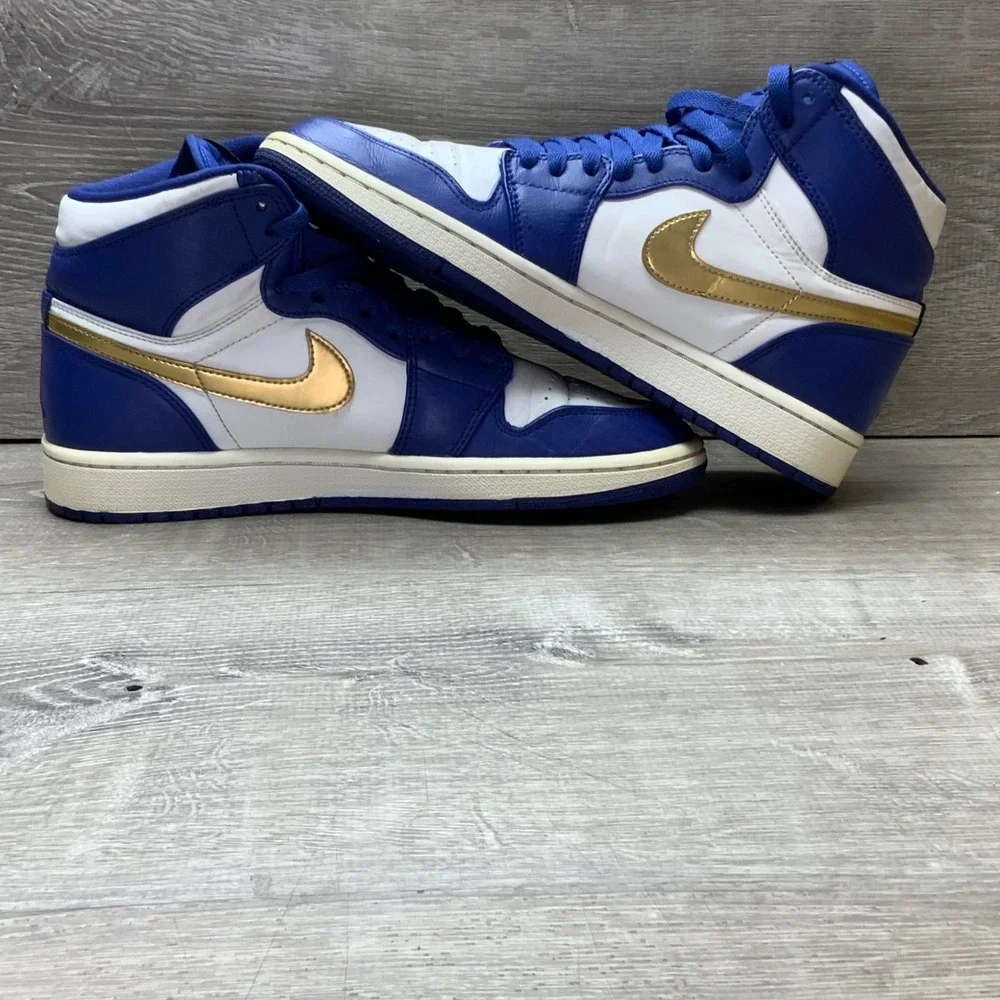 Jordan Shoes 1 Retro High Deep Royal Blue Mens 8.5 White Gold 332550-406 Leather